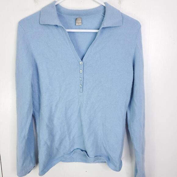 Cashmere Sweater Womens M Collar Baby Blue Preppy Quarter Button Old Money - Picture 1 of 8
